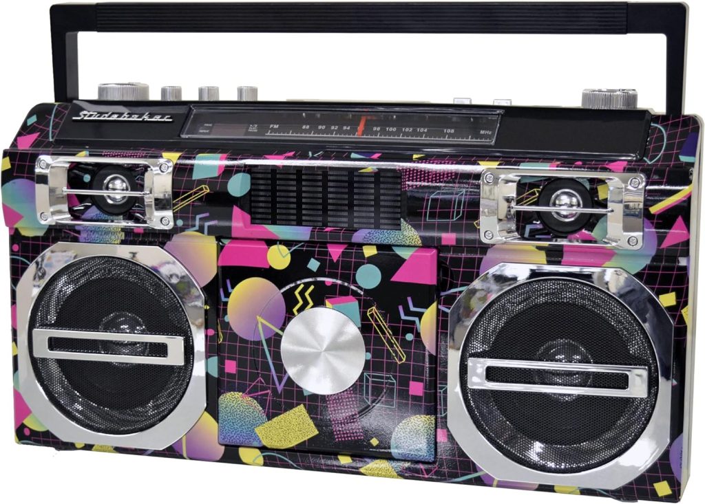 Studebaker SB2145PP 80s Retro Street Bluetooth Boombox with FM Radio, CD Player, LED EQ, 10 Watts RMS and AC/DC in Purple Pattern