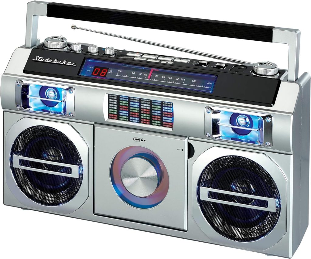 Studebaker SB2145S 80s Retro Street Bluetooth Boombox with FM Radio, CD Player, LED EQ, 10 Watts RMS and AC/DC in Silver