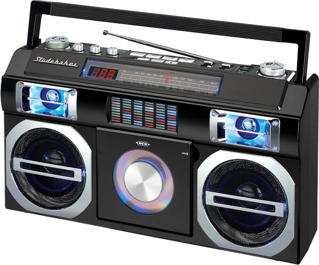 Studebaker SB2149B Master Blaster Bluetooth Boombox with 3 Way Power, AM/FM Radio, USB Port, CD Player with MP3 Playback, LED EQ and 10 Watts RMS Speaker in Black