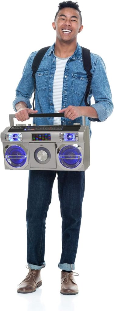 Studebaker SB2149S Master Blaster Bluetooth Boombox with 3 Way Power, AM/FM Radio, USB Port, CD Player with MP3 Playback, LED EQ and 10 Watts RMS Power in Silver