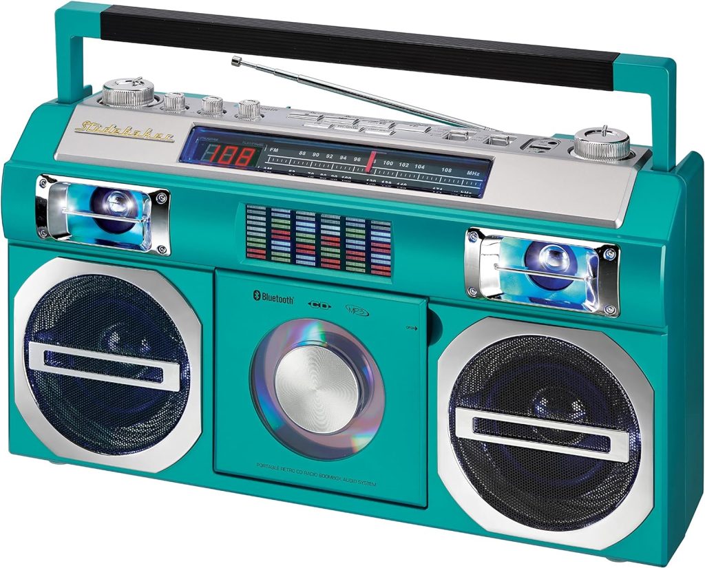 Studebaker Vintage Turquoise 80s Retro Street Bluetooth Wireless Streaming Boombox Rechargeable Battery, CD/MP3 Player, AM/FM, USB, Multi Color LED EQ, Dual Full-Range High Bass Speakers  AC/DC -