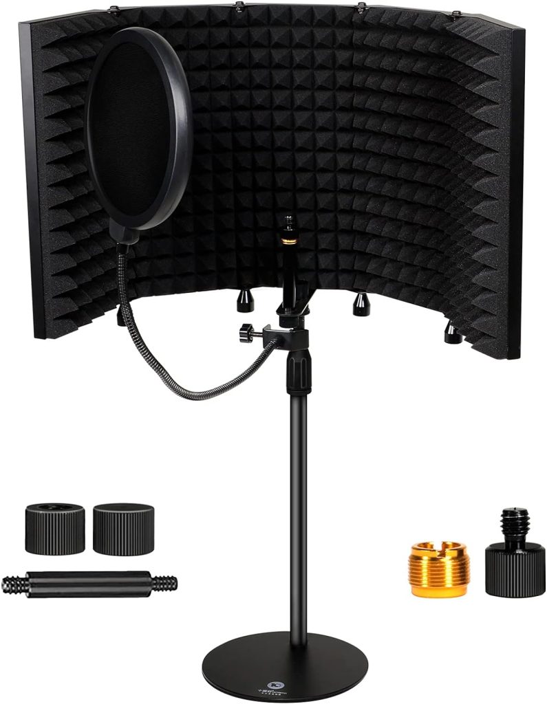 Studio Microphone Isolation Shield with Desk Mic Stand and Pop Filter, High Density Sound Proof Absorbing Foam, Portable Acoustic Treatment Equipment for Recording Mics Home Studio Podcast Vocal Booth