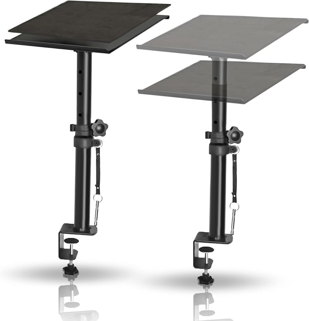 Studio Monitor Stands Pair Against The Wall, 12.6 x 9.3 in Large Trays, Adjustable Height 12 to 18.5, Stage Speaker Stand Desktop with Safety Pin Clamp