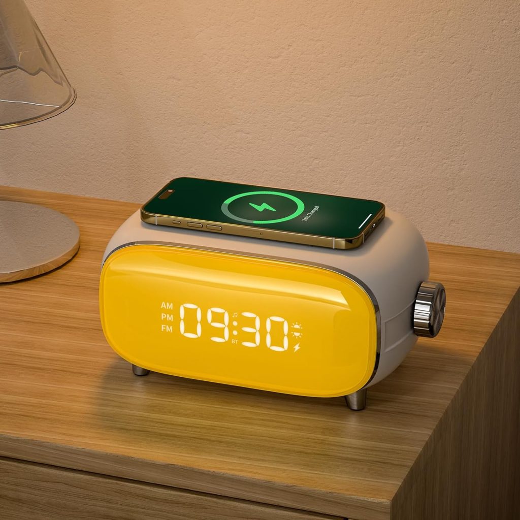 Sunrise Alarm Clock with Sunrise Simulation, Wake Up Light with Snooze, Wireless Charger, Bluetooth Speaker, FM Radio, White Noise Machine, Night Light. Ideal Gift for Kids, Heavy Sleepers, Elders