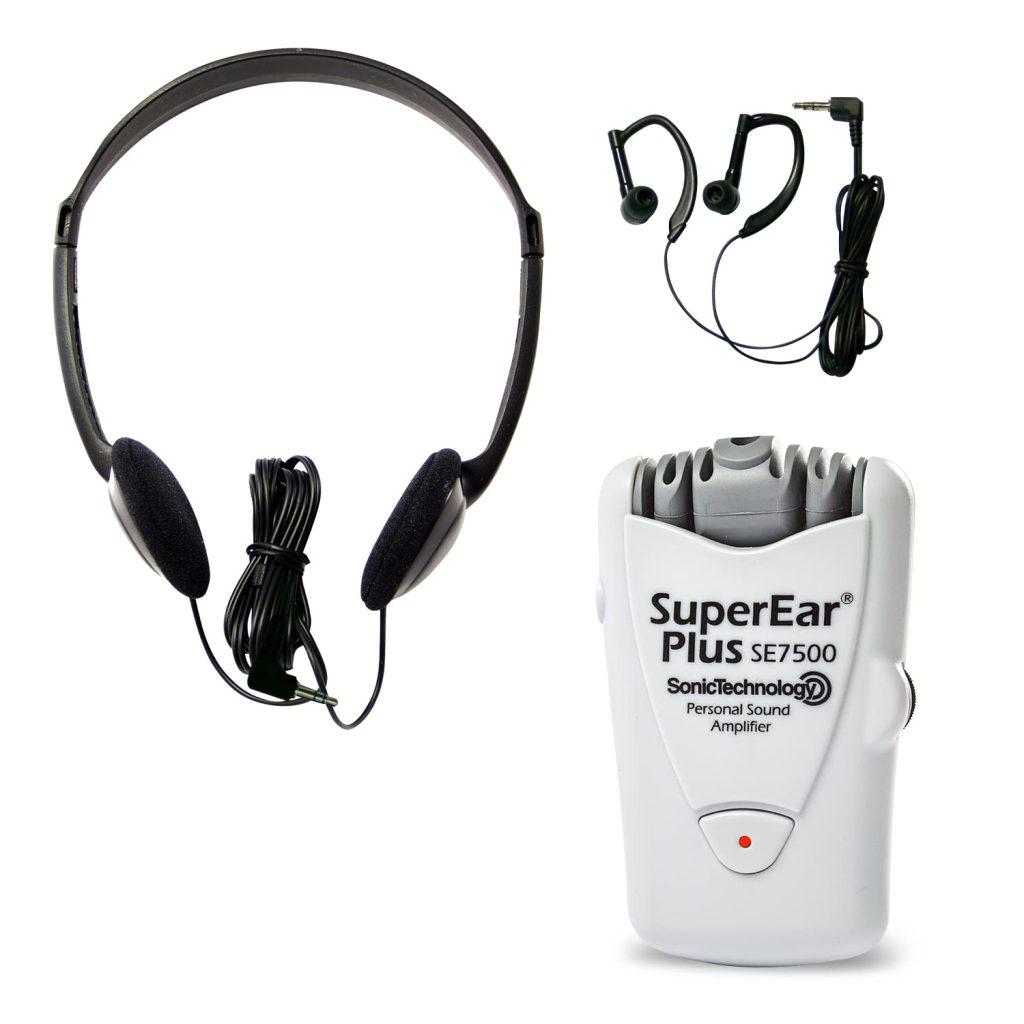 SuperEar Plus SE7500 Personal Sound Amplifier (PSAP), Pocket Sound Amplifier, Headphones  Discreet Earbuds w/Auto Shut off  Case, On/Off Volume Control for Adults, Audiologists, Seniors