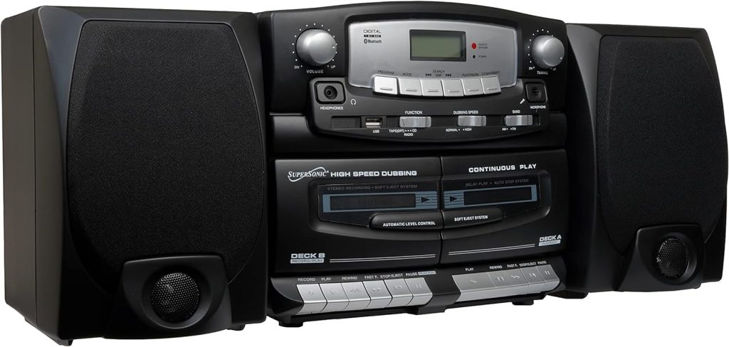Supersonic Black Edition Vintage Bluetooth Stereo System Home Music Audio System,CD/MP3 Player,AM/FM Radio,Dual Cassette Player/Rec USB inputs,Detachable Speakers,AC/DC,(Remote Included)Matte Black