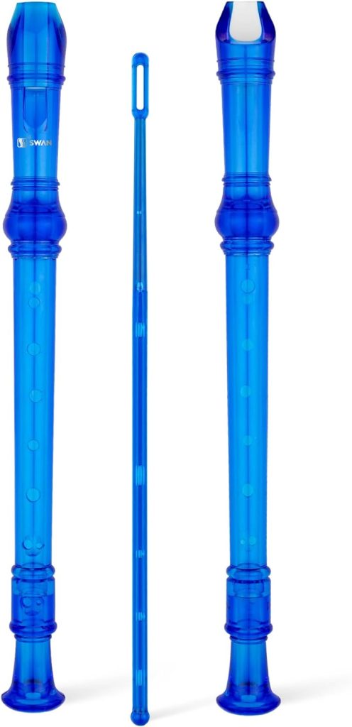 SWAN Soprano Recorder Instrument for Beginners Kids Student - Baroque Style 8 Hole Flute Detachable 3pcs ABS Descant Recorders with Cleaning Rod and Fingering Chart, SW8KT, Transparent Blue