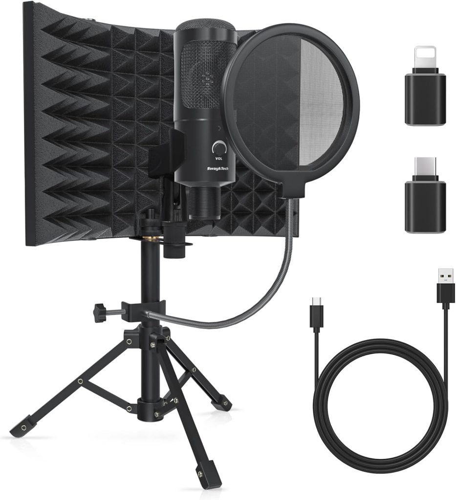 SwaykTech Studio Recording Microphone Isolation Shield with Pop Filter and Metal Tripod Stand, Studio Mic to PC Laptop Smartphone, Music Microphone for Recording Singing Podcasting