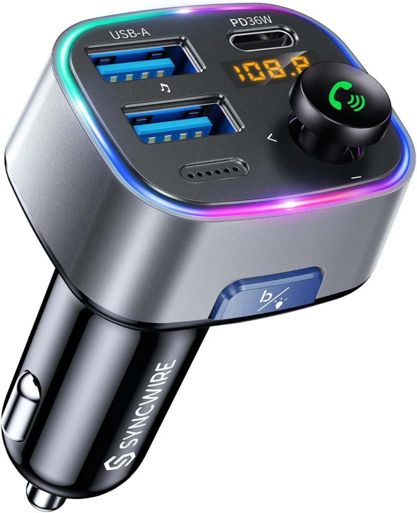 Syncwire Bluetooth 5.3 FM Transmitter Car Adapter 48W (PD 36W  12W) [Light Switch] [Hi-Fi Deep Bass] [Fast Charge] Wireless Radio Music Adapter LED Display Hands-Free Calling Support USB Drive