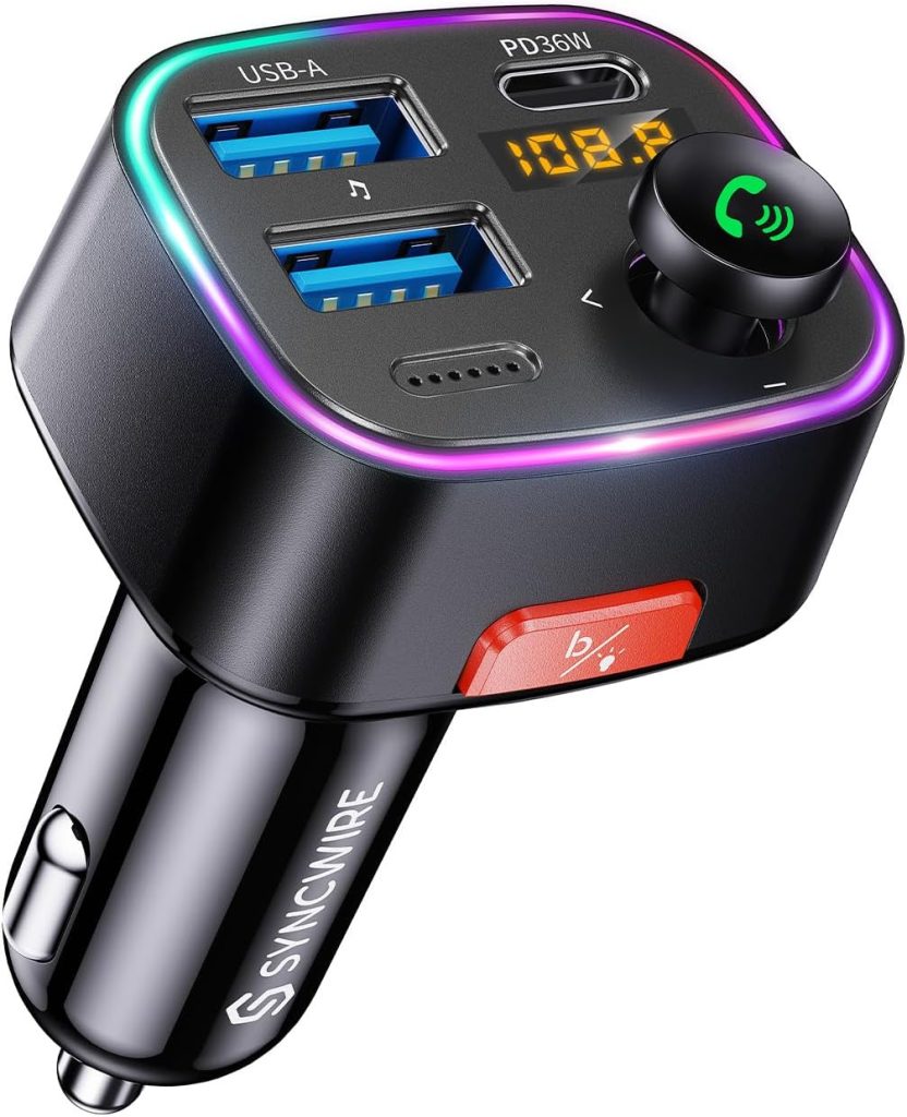 Syncwire Bluetooth 5.3 FM Transmitter Car Adapter 48W (PD 36W  12W) [Light Switch] [HiFi Bass Sound] [Fast Charging] Wireless Radio Music Adapter LED Display Hands-Free Calling Support USB Drive