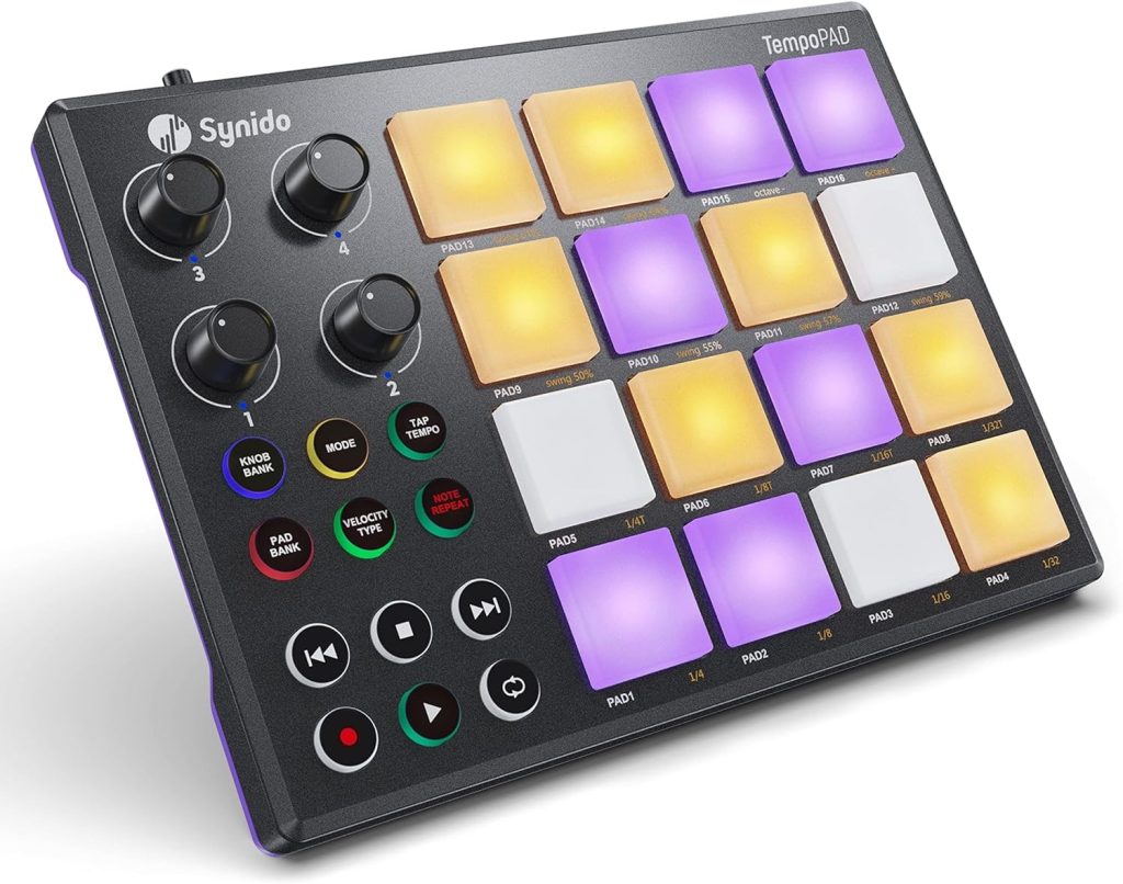 Synido MIDI Pad Beat Maker Machine with 16 RGB Beat Pads, USB Portable Mini MIDI Controller Pad with Backlit Drum Pad, 4 Assignable Knobs, for Beginner Music Production, TempoPAD, Black