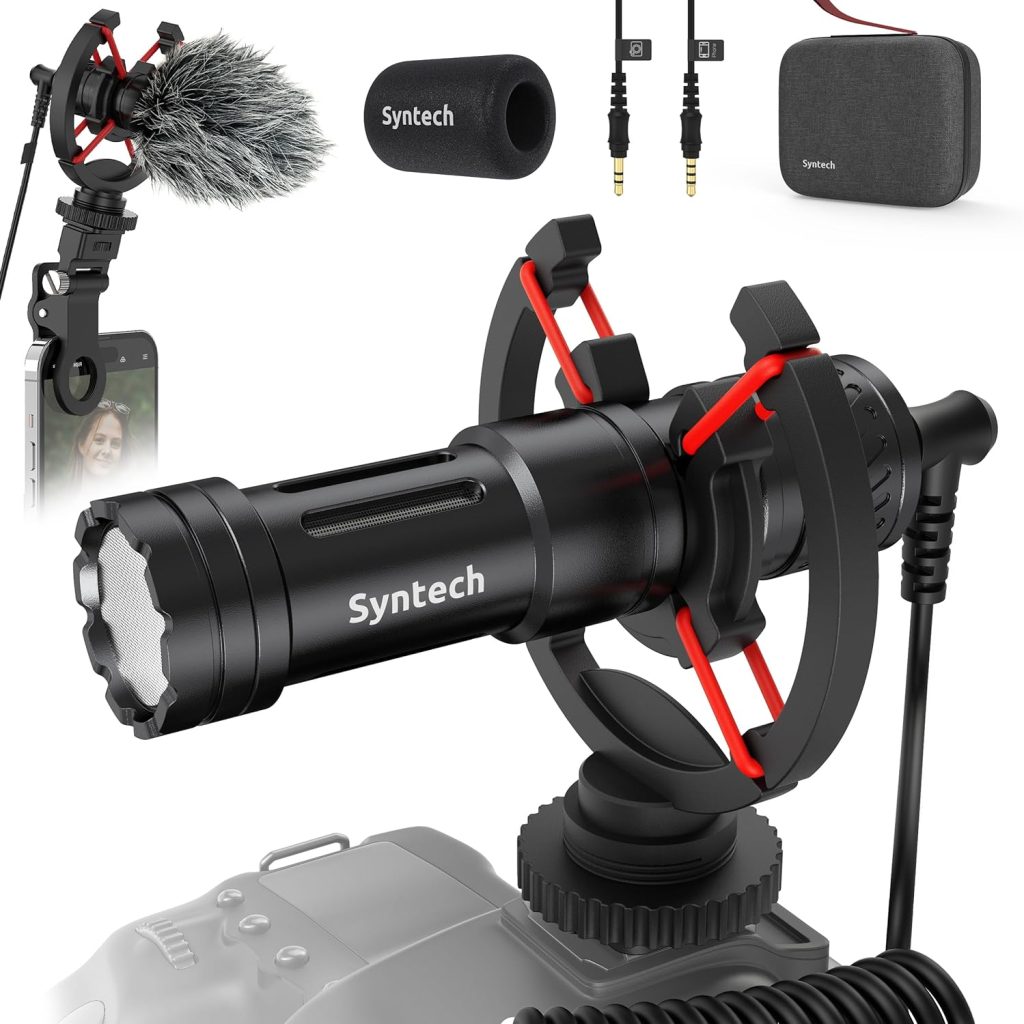 Syntech 2-in-1 Video Microphone for Creators Recording, Camera Microphone with Shock Mount and Windshields Compatible with DSLR Camera, iPhone, Android, Camcorder, Shotgun Mic for Vlog, Live Streaming