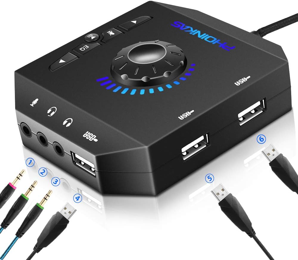 T10 External Sound Card, PHOINIKAS USB Audio Adapter for PC Windows, Mac, Linux, Laptops, Desktops, Stereo Sound Card with 3.5mm Interface  USB Interface, Volume Control, Plug  Play (6-in-1, Black)