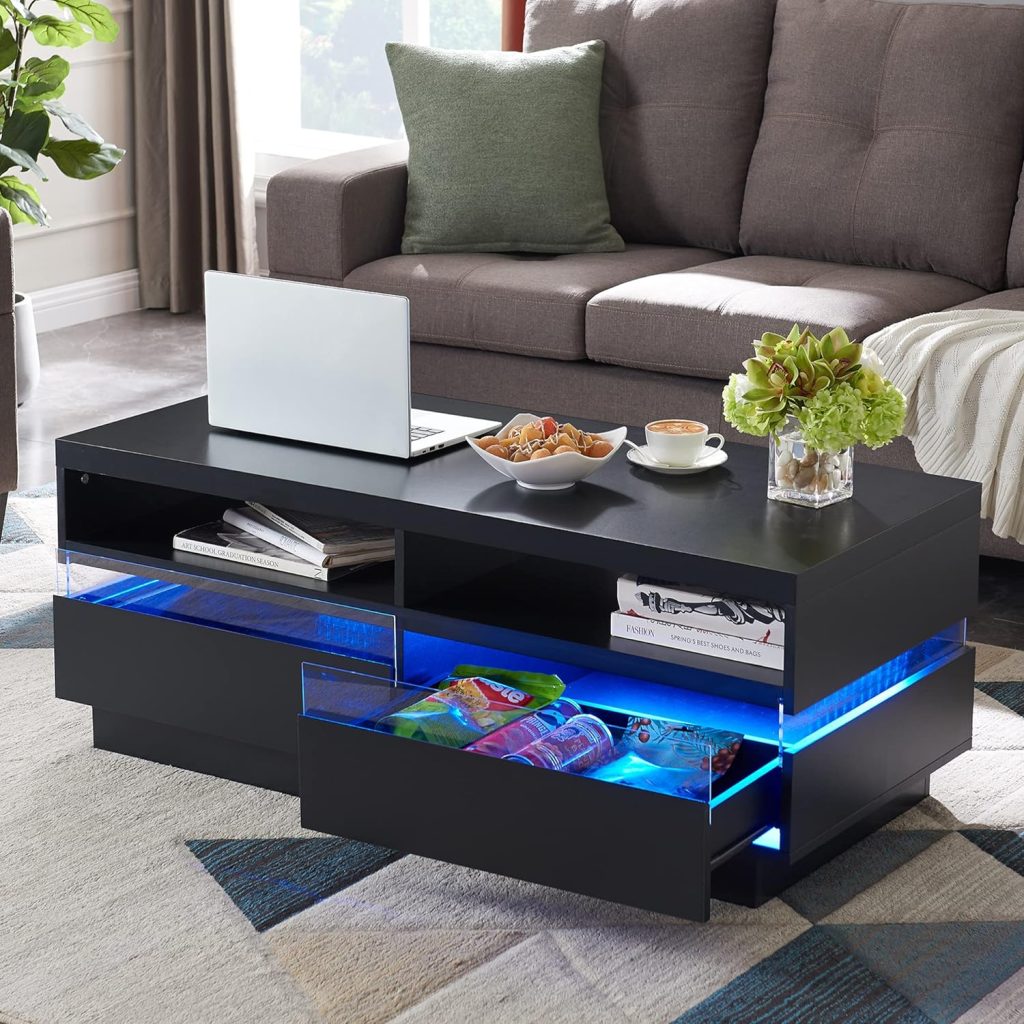 T4TREAM 48 LED Coffee Table with Storage, Modern Center Table with LED Lights  Power Strip, Coffee Table with Drawers for Living Room, Easy Assembly, Solid Black