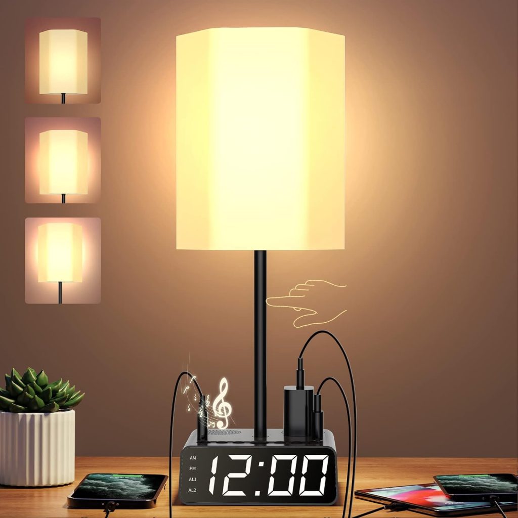 Table Lamp with USB Ports, Outlets, and Speakers - Bedside Lamp with Dimmable Alarm Clock - Touch Control 3-Way Dimmable Nightstand Lamp for Bedroom, Kids Room, and Study Room(Includes LED Bulb)