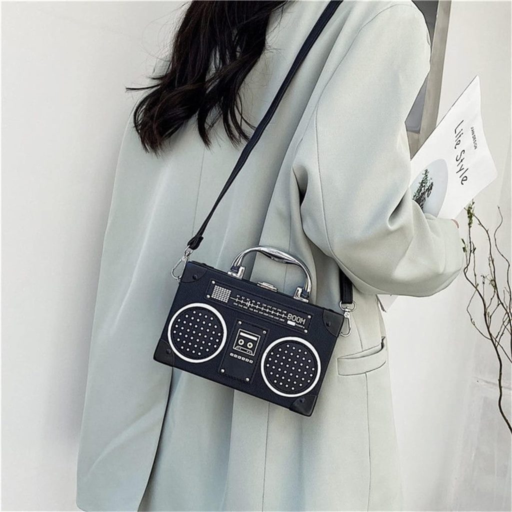 TAMMYFLYFLY Unique Vintage Radio Shaped Cross-Body Bag Women Clip Clasp Shoulder Bag Handbag (Black)