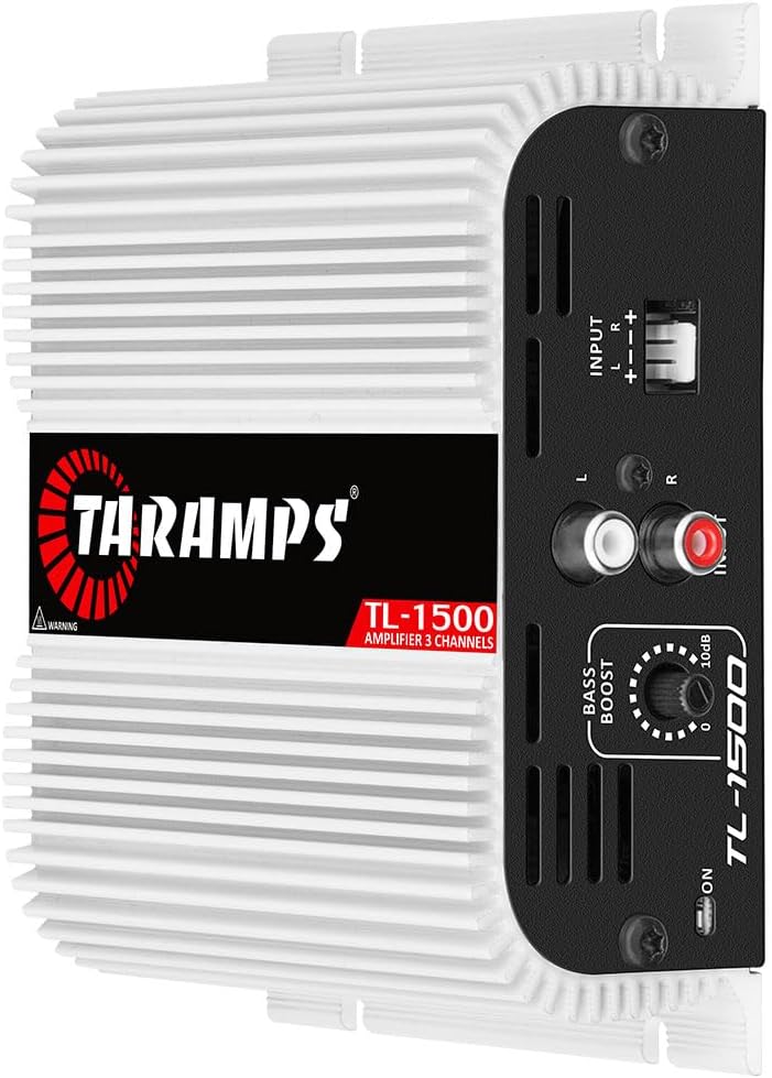 Taramps TL 1500 Full Range 390 watts RMS 3 Channels Car Audio 2 Stereo Channels 1 Sub Channel Class D Amplifier, RCA/Wire Input, Bass Boost 13.8 VDC System, White