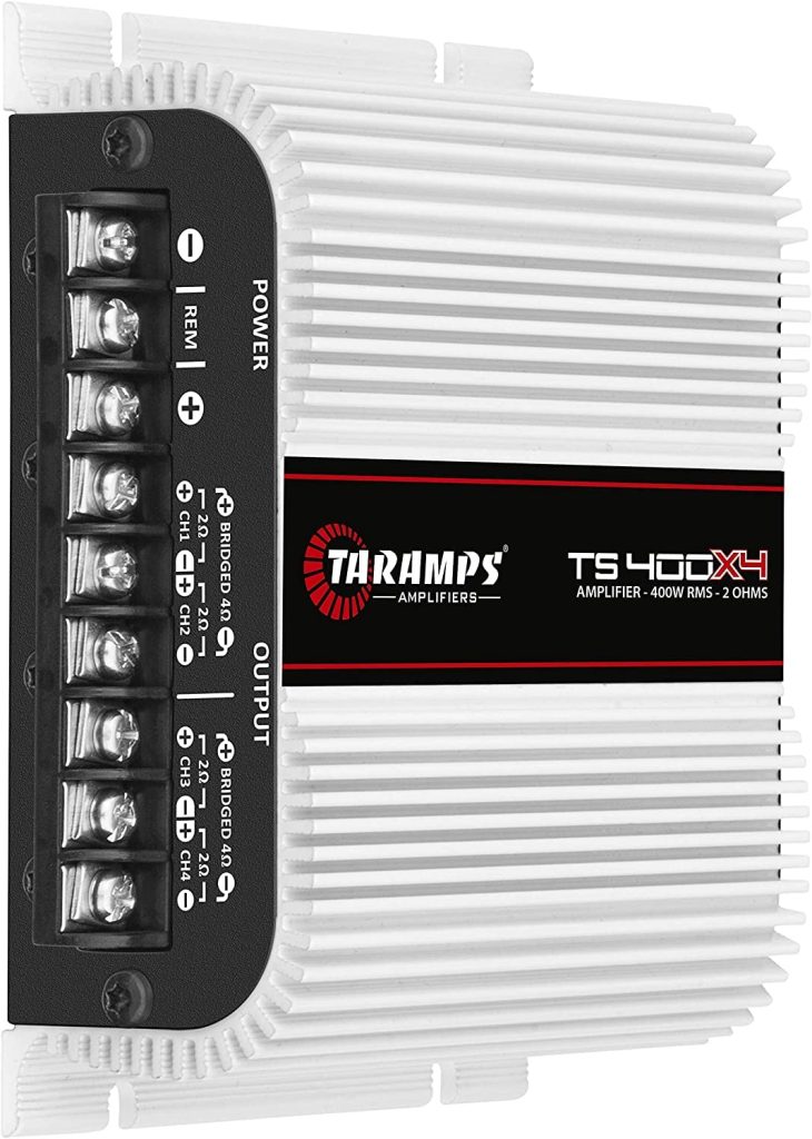 Taramps TS 400x4 FULL RANGE 2 Ohms 400 watts RMS 4 Channels Car Audio Amplifier RCA Input Class D, 2 Bridged Channels, Multichannel Amp, RCA, Aluminium High Power
