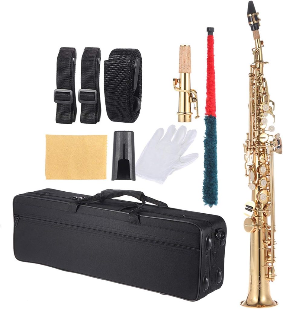 Taruor Brass Straight Soprano Sax Saxophone, Bb B Flat Woodwind Instrument Natural Shell Key Carve Pattern with Carrying Case Gloves Cleaning Cloth Straps Cleaning Rod