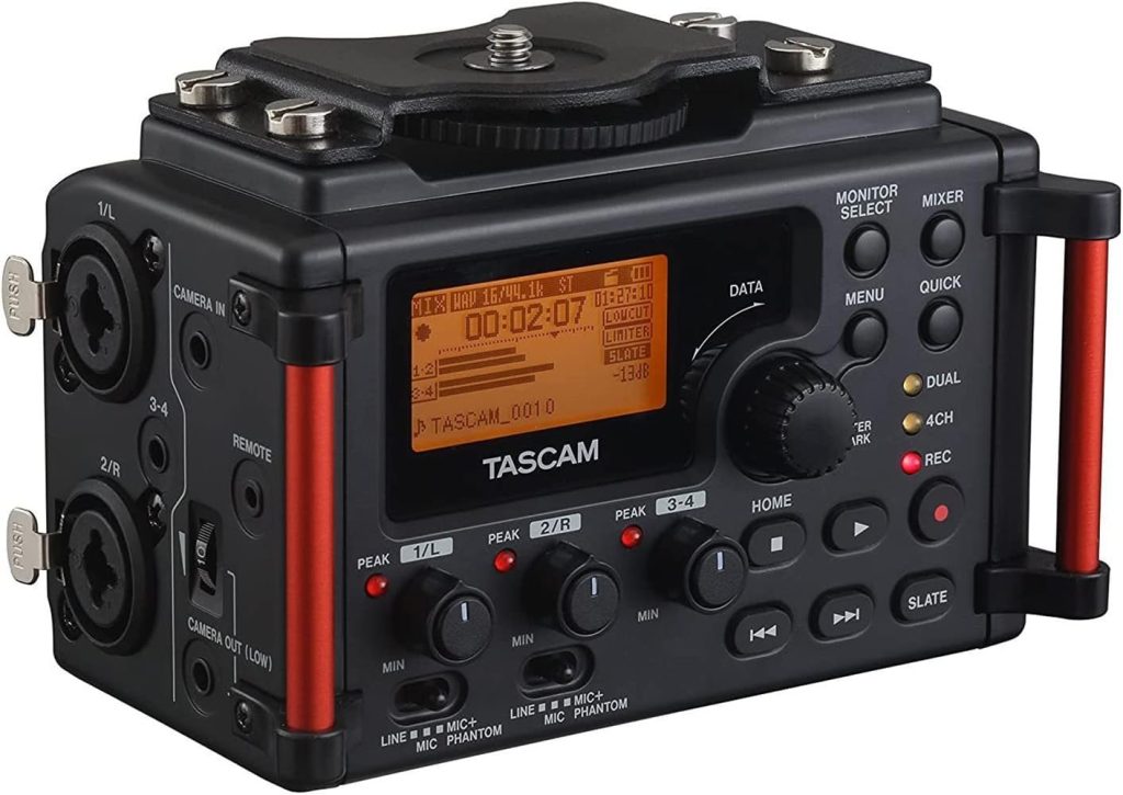 TASCAM 4-Channel Portable Audio Recorder for Videographers, 2 Combo XLR/TRS, Dual 3.5mm Inputs, Limiter, HP Filter  (DR-60DmkII)