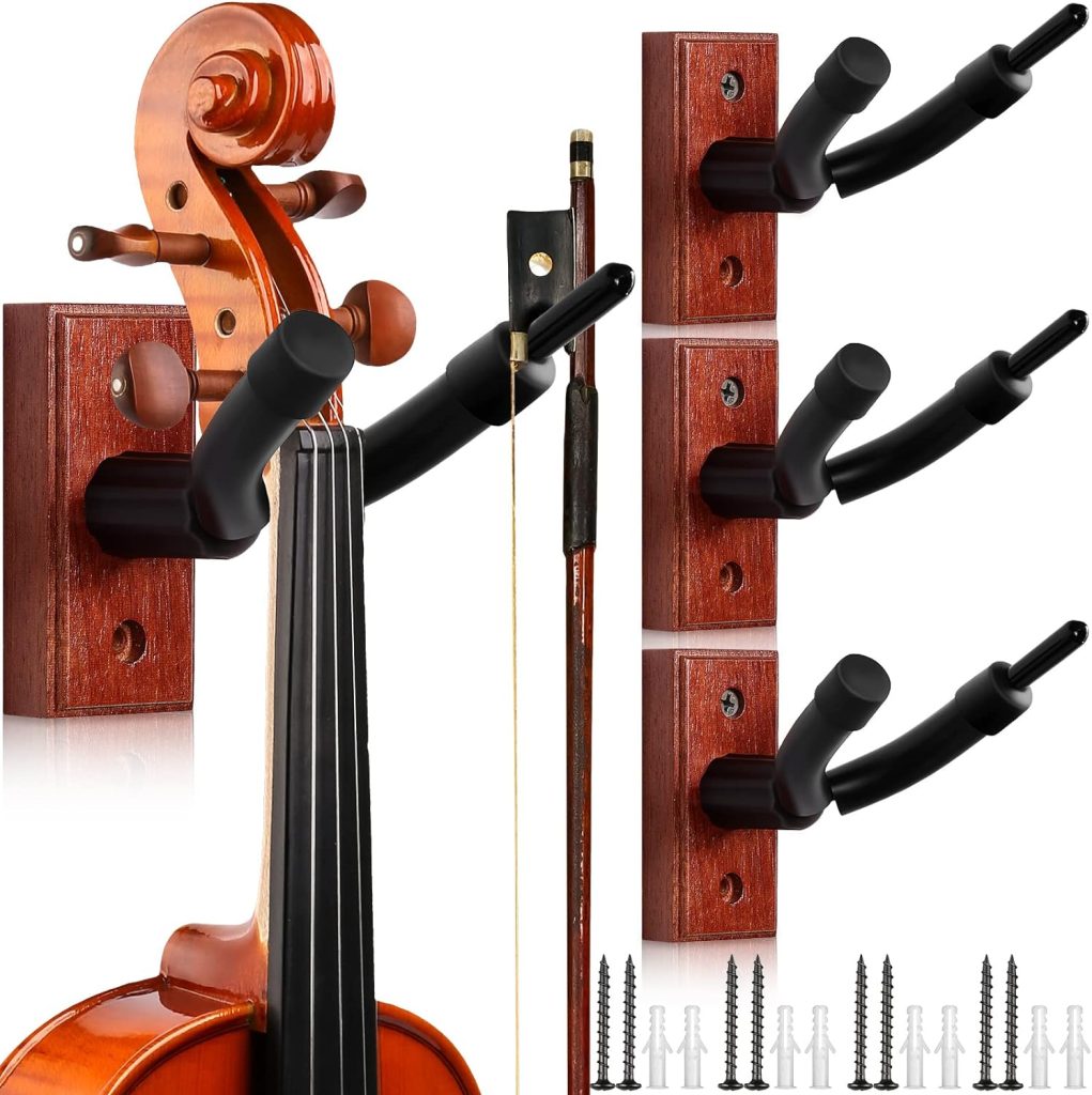 Tatuo 4 Pcs Violin Wall Mount Hanger Violin and Viola Hanger Metal Wooden Guitar Violin Stand with Bow Holder Music Room Decor with Screws for Home Studio String Instrument Accessories Art Practice