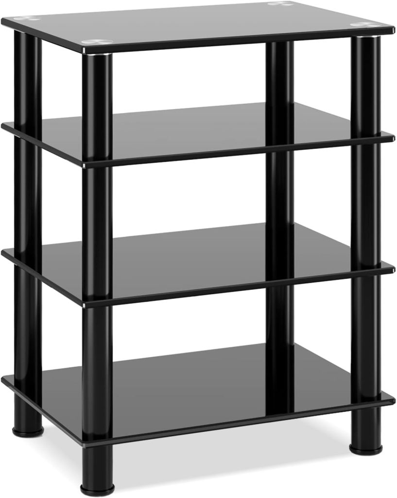 TAVR Furniture 4-Tiers Media Compontent TV Stand Audio Video Tower Tempered Glass Shevles for TV, Xbox, Gaming Consoles, Media Component, Streaming Device