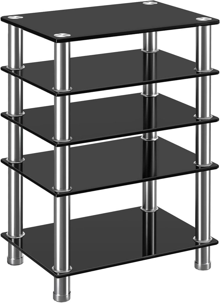 TAVR Furniture 5-Tier Media Compontent TV Stand Audio Video Tower with Black Tempered Glass Shevles for Xbox, Gaming Consoles, Cable Boxes, HiFi Stereo Equipment, Top Glass 88 lbs Capacity, Black