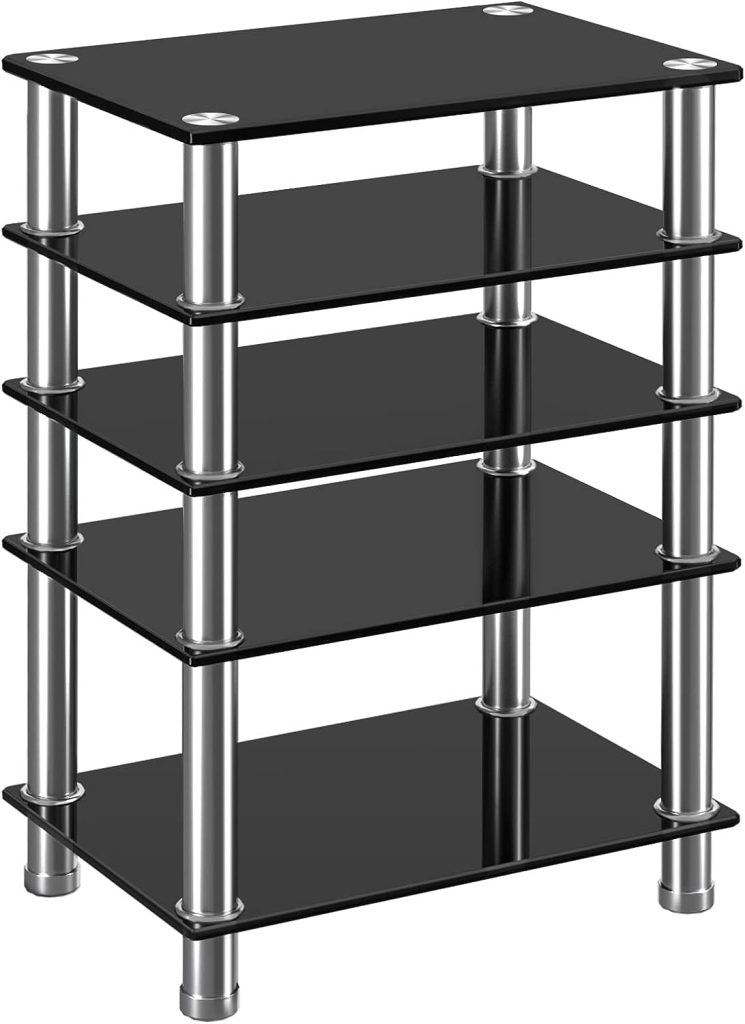 FITUEYES HiFi Rack AV Shelf 4-Tiers Glass TV Stand with Tempered Glass  Media Storage Shelves Black