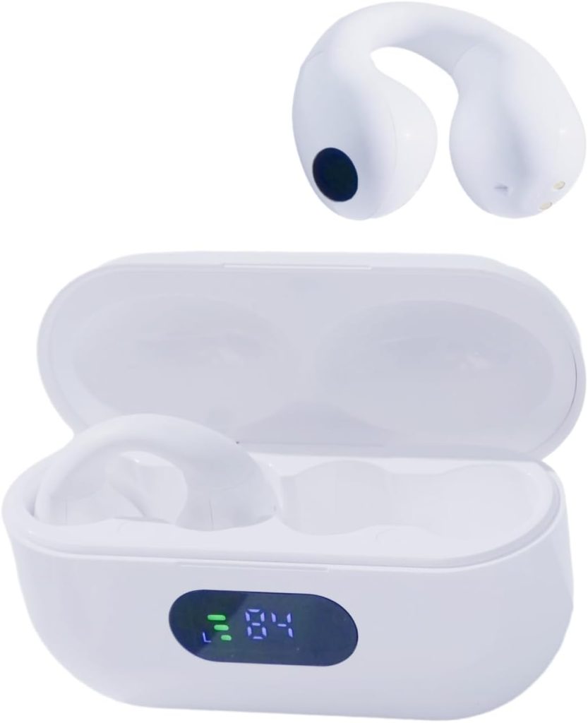 Tayogo Ear Clip Bluetooth Headphones, Open Ear Clip Headphone with Mic/Display, Wireless Ear Clips Ear Buds, Bluetooth V5.3, 80 Hours Playtime with Charging Case for Running, Workout-White