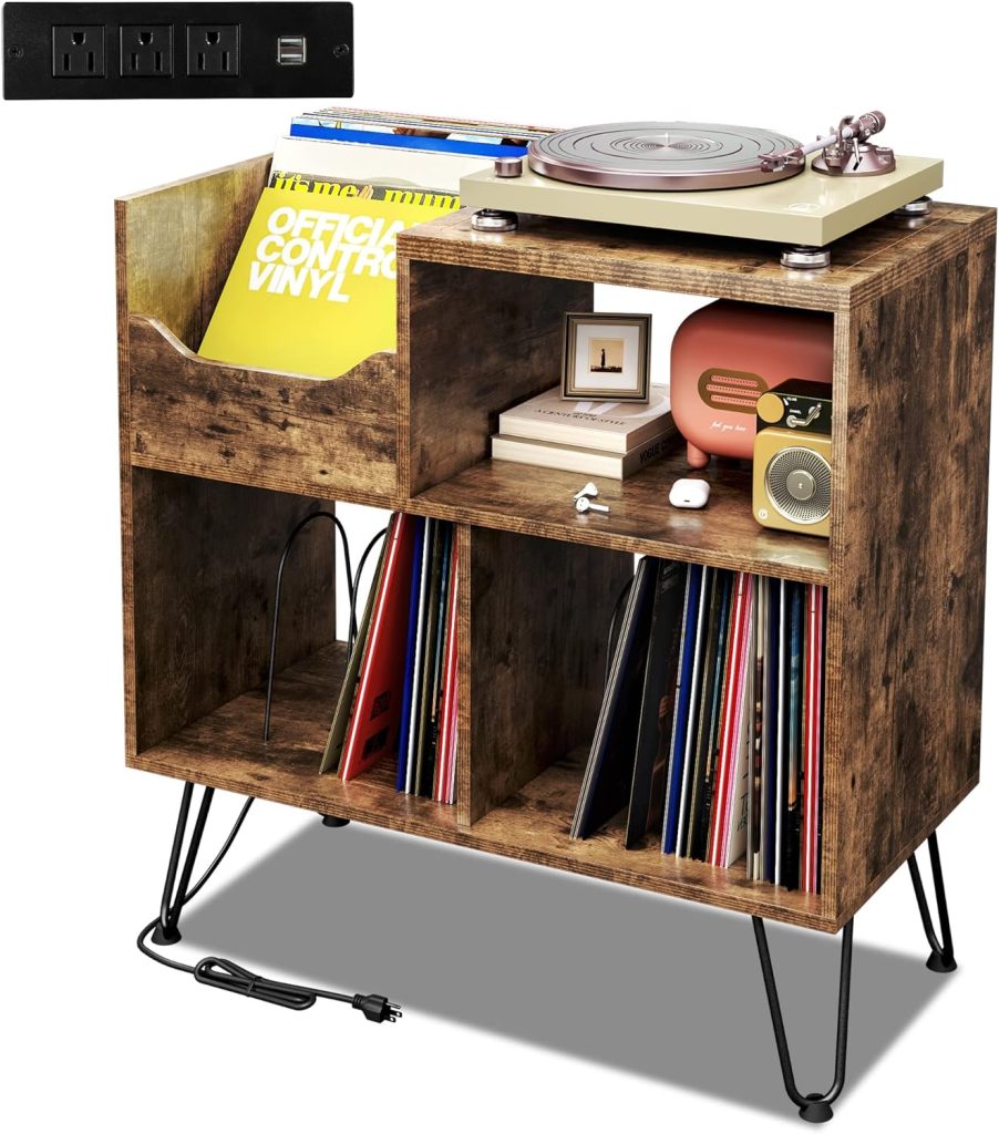 TC-HOMENY Record Player Stand with Vibration-Isolated Turntable Design, Vinyl Record Storage Table with Charging Station, Mid-Century Modern Turntable Stand
