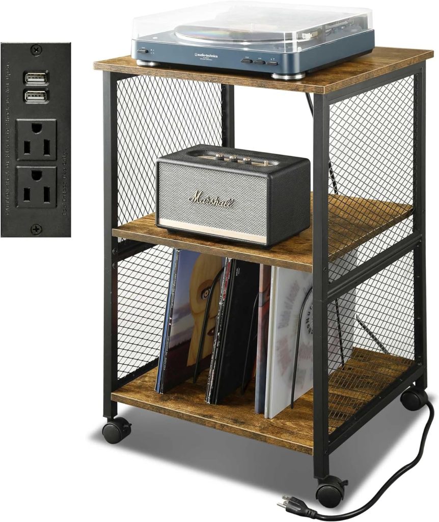 TC-HOMENY Vinyl Record Storage Table, 3-Tier Record Player Stand with 3 Quick-Release Divider Up to 200 Albums, Fashion Turntable Stand for Bedroom Living Room and Office