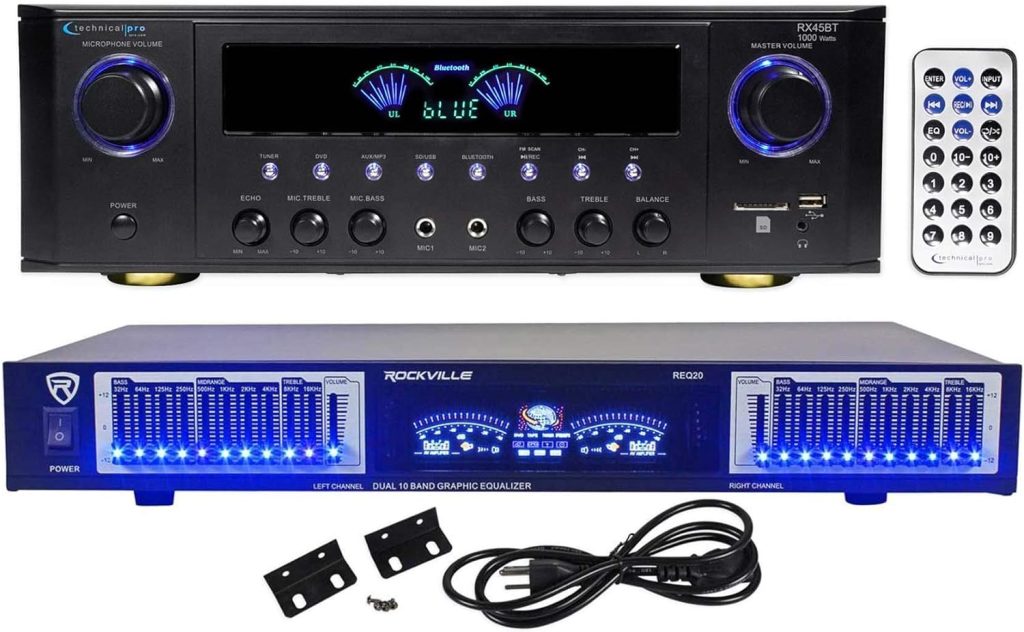 Technical Pro RX45BT Home Theater Receiver 1000w Amplifier Bluetooth USB Bundle with Remote Bundle with Rockville REQ20 19 Rack Mount Pro Dual 10 Band Graphic Equalizer EQ w/VU Meters