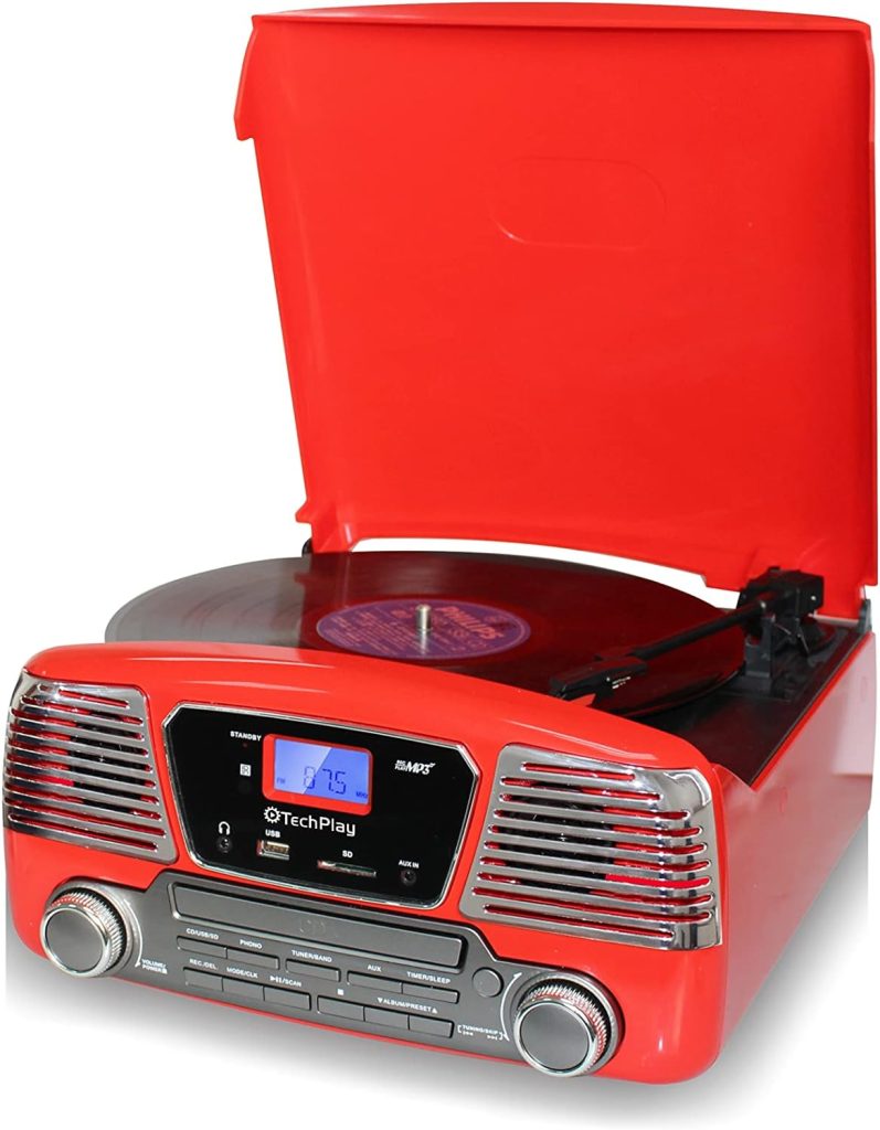 TechPlay ODC35BT RED with Bluetooth, 3 Speed Turntable Programmable MP3 CD Player, USB/SD, Radio  Remote Control