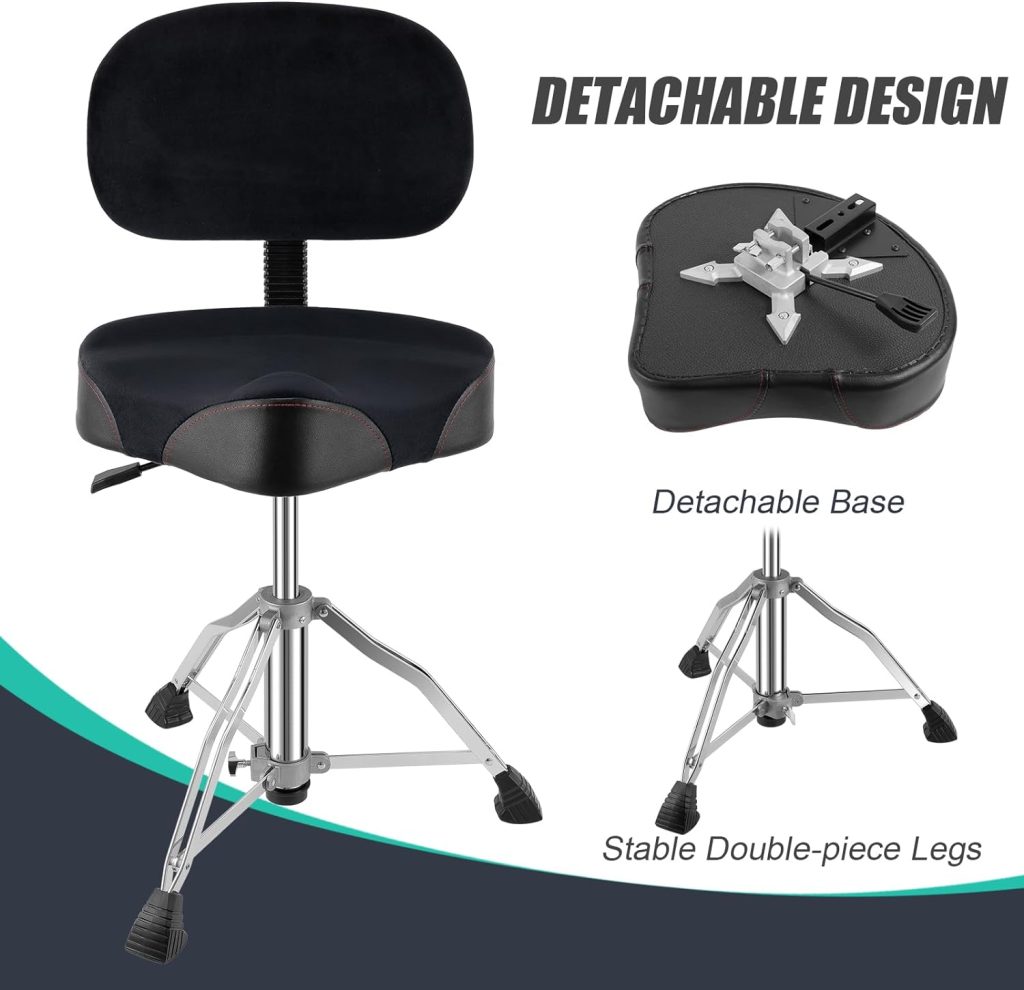 TENTOTEN Drum Throne with Backrest, Portable Drum Chair Removable Drum Seat with Motorcycle Style Hydraulic Drum Stool, Memory Foam Drum Throne Seat  5A Drumsticks, Cloth Top Drummer Stool