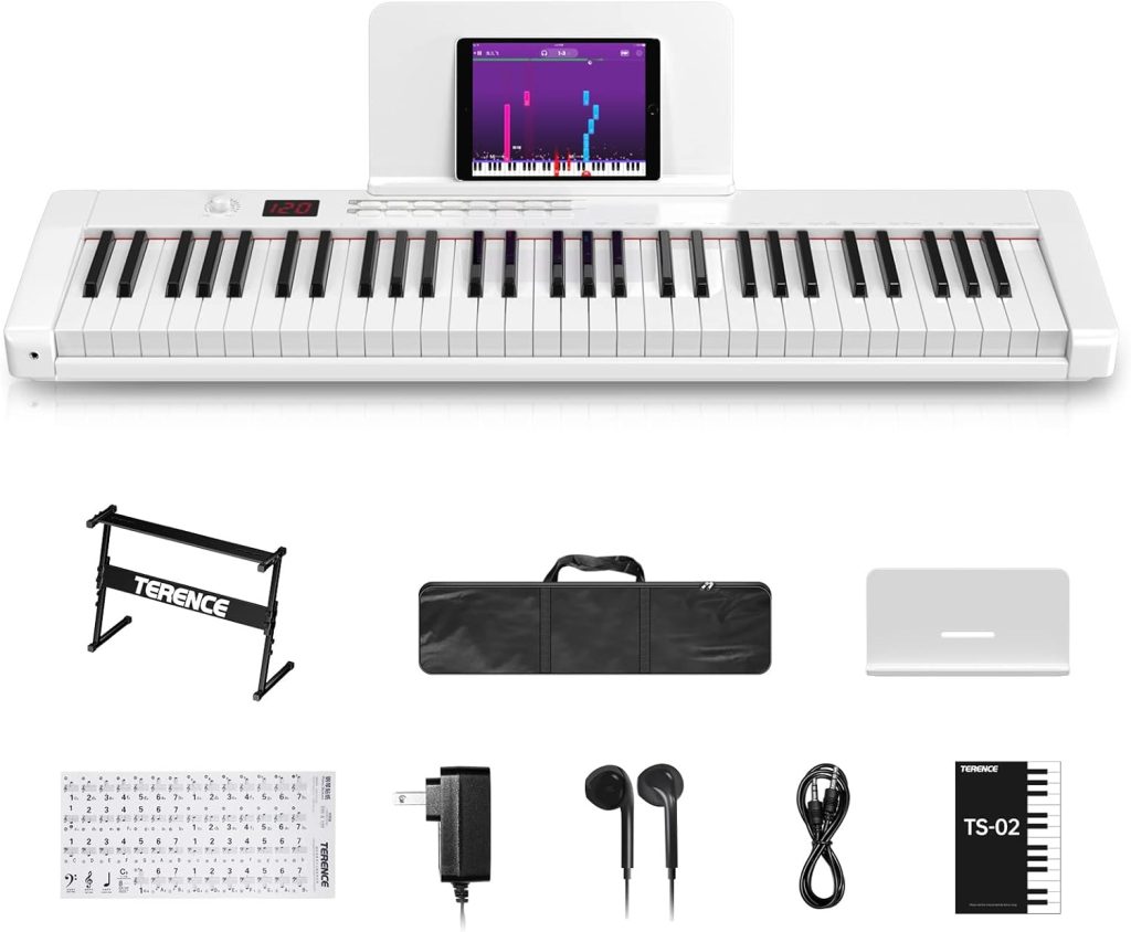 TERENCE Keyboard Piano with 61 Semi-weighted Keys LCD Display  1800mAh Battery Support MIDI USB Interface  Piano Application with Bluetooth Sheet Music Stand Sticker Bag Audio Cable Earphones