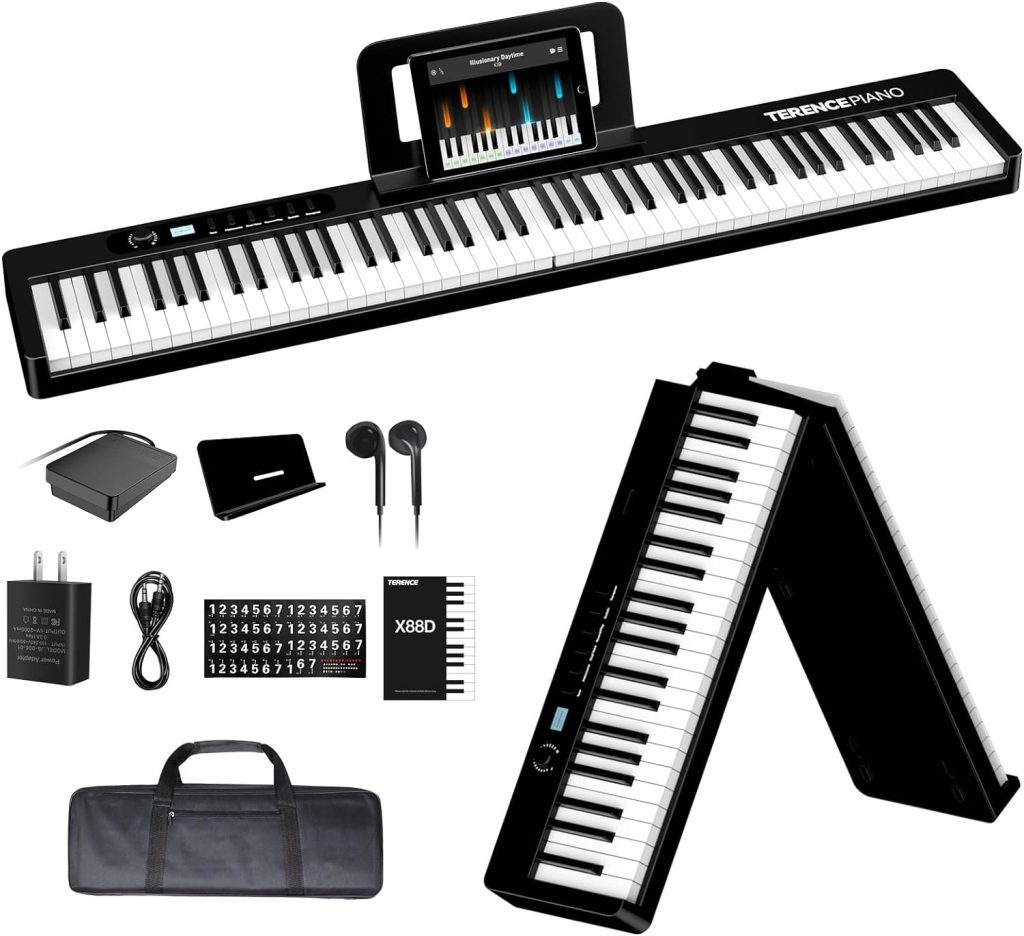 TERENCE Piano Keyboard 88 Keys, Semi-Weighted Folding Piano Keyboard with MIDI Support Bluetooth Portable Piano with LCD Screen, 2X5W Speakers, Music Stand, Stickers, Earphones and 1/4 Sustain Pedal