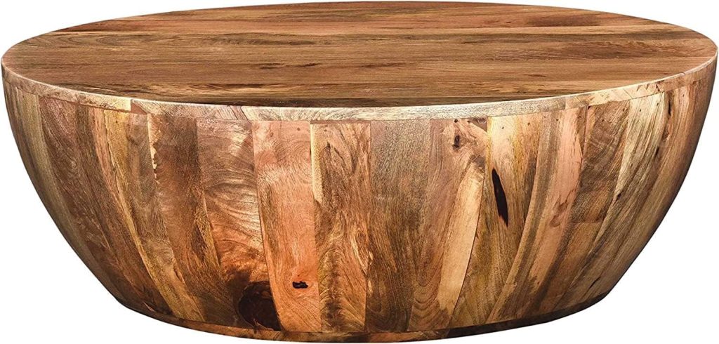 TEXAS LINEN CO. Handmade Mango Wood Coffee Table - Round Drum Coffee Table for Serving and Decor - Natural Brown Finish - 35 D x 35 W x 12 H Inches