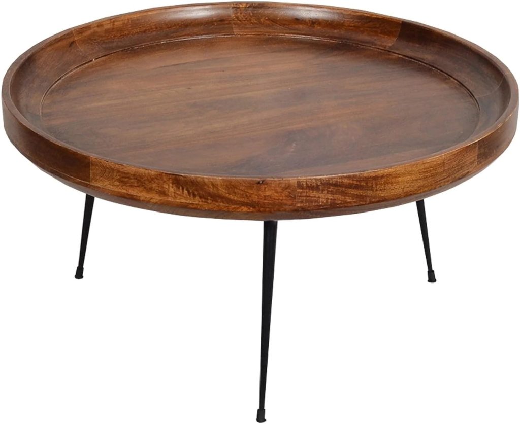The Urban Port Round Mango Wood Coffee Table with Splayed Metal Legs, Brown and Black