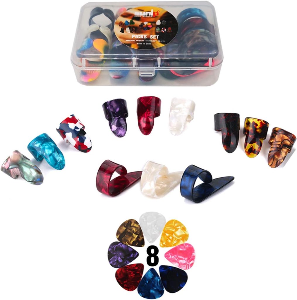 Thumb Finger Picks Plectrum With Plastic Picks Case, 1 Dozen (3 Pairs) SUNLP Celluloid Guitar thumb finger picks Mandolin Banjo thumb finger picks and Free 8pcs 0.46mm Guitar Picks (Mix Color)