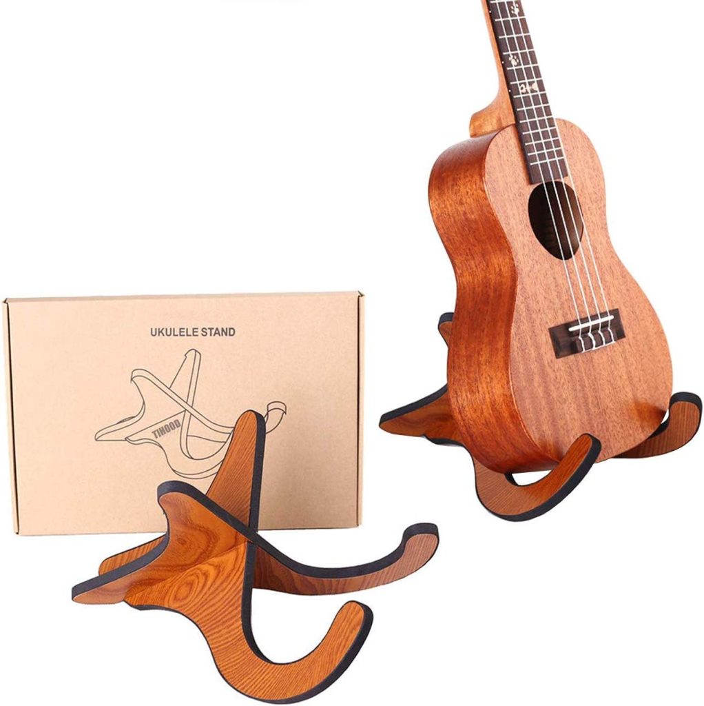 TIHOOD Wooden Ukelele Stand Holder Musical Instrument Stand Concert Portable Wood Stand for Small Guitar, Violin, Banjo (Dark Brown)