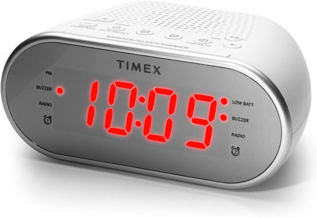 Timex Alarm Clock With AM/FM Radio And 20 Station Presets, Digital Clock Radio With Dual Alarms, Programmable Timer, Snooze, Aux Speaker, And Adjustable Volume Switch (T2312W), White