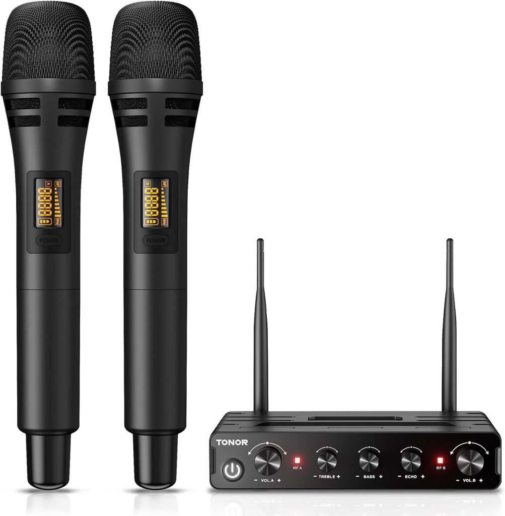 TONOR Wireless Microphone Systems, UHF Cordless Karaoke Microphones, Handheld Dynamic Mic Microfono Kit with Receiver for Karaoke, Singing, Church, Adjustable Frequencies, 200ft Range TW350 Black 