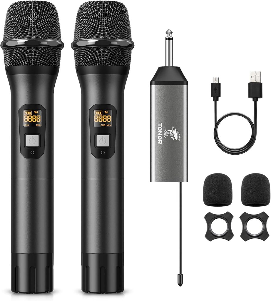 TONOR Wireless Microphone, UHF Dual Cordless Metal Dynamic Mic System with Rechargeable Receiver (Black)