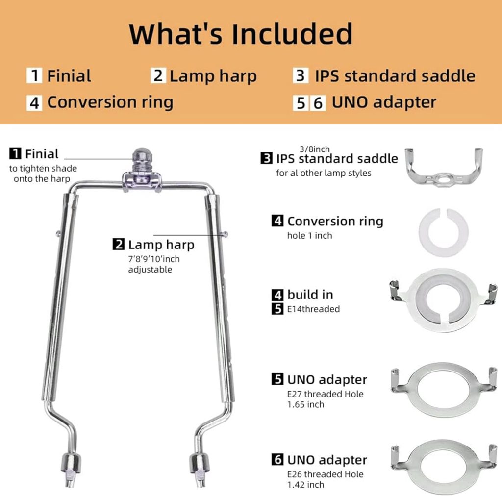 TOOTOO STAR LampShades Harp Holder, 7 8 9 10 inch Adjustable Lamp Harp Kit 2 Sets,Fit Both Standard Lamp Rod and E14 E26 E27 Light Base UNO Fitter Adapter Converter Finial Set (Silver)
