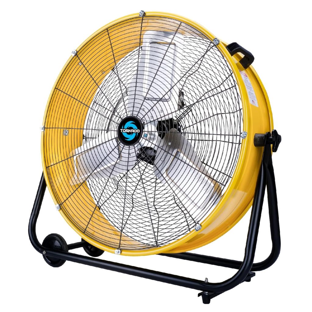 Tornado - 24 Inch High Velocity Heavy Duty Tilt Metal Drum Fan Yellow Commercial, Industrial Use 3 Speed 8540 CFM