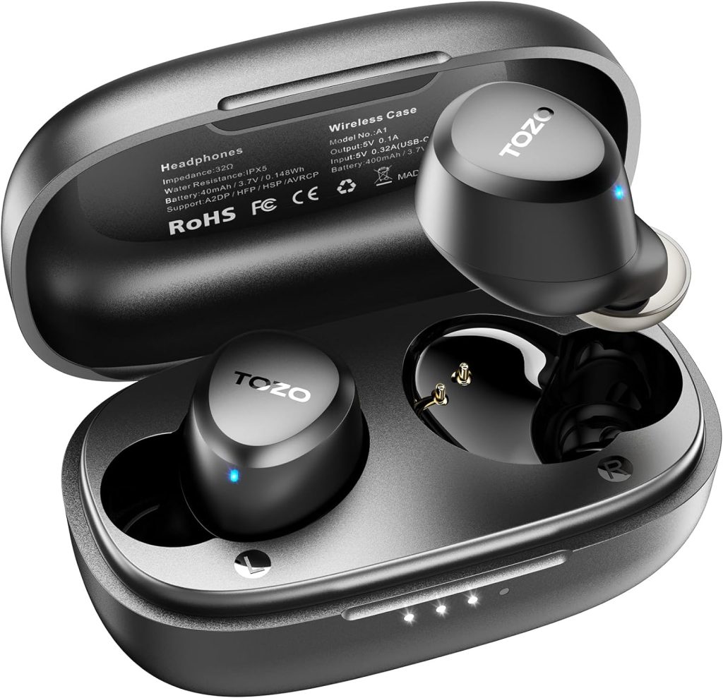 TOZO A1 Mini Wireless Earbuds Bluetooth 5.3 in Ear Light-Weight Headphones Built-in Microphone, IPX5 Waterproof, Immersive Premium Sound Long Distance Connection Headset with Charging Case, Black