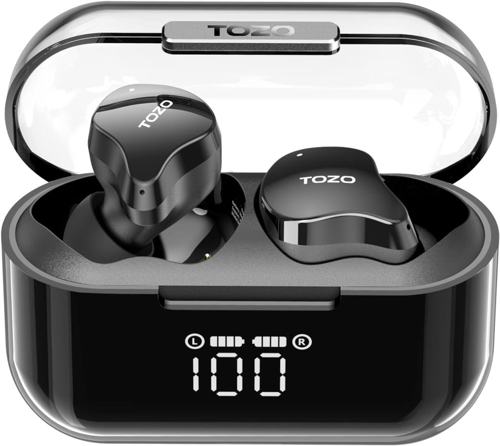 TOZO Crystal Buds Bluetooth 5.3 True Wireless Stereo Earbuds IPX8 Waterproof in Ear Headset Call Noise Reduction Headphones with Digital Display and Transparent Case Long Standby Earphones Black