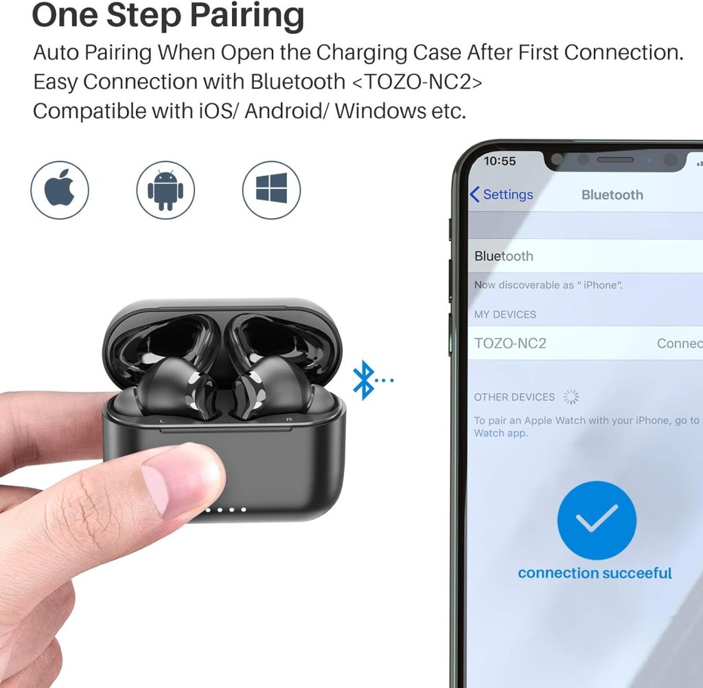 TOZO NC2 Hybrid Active Noise Cancelling Wireless Earbuds, in-Ear Detection Headphones, IPX6 Waterproof Bluetooth 5.2 Stereo Earphones, Immersive Sound Premium Deep Bass Headset, Black