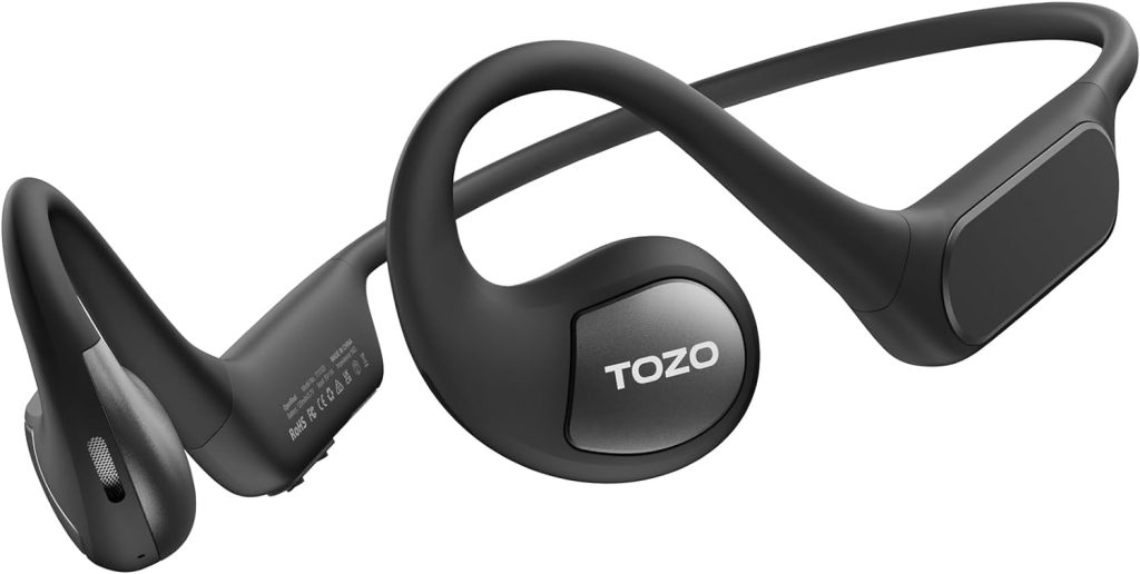 TOZO OpenReal Open Ear Headphones Bluetooth 5.3 Air Conduction Wireless Headphones Sport Earbuds with Premium Sound, Dual-Mic Call Noise Reduction Earphones with Hair Band for Running Cycling Black