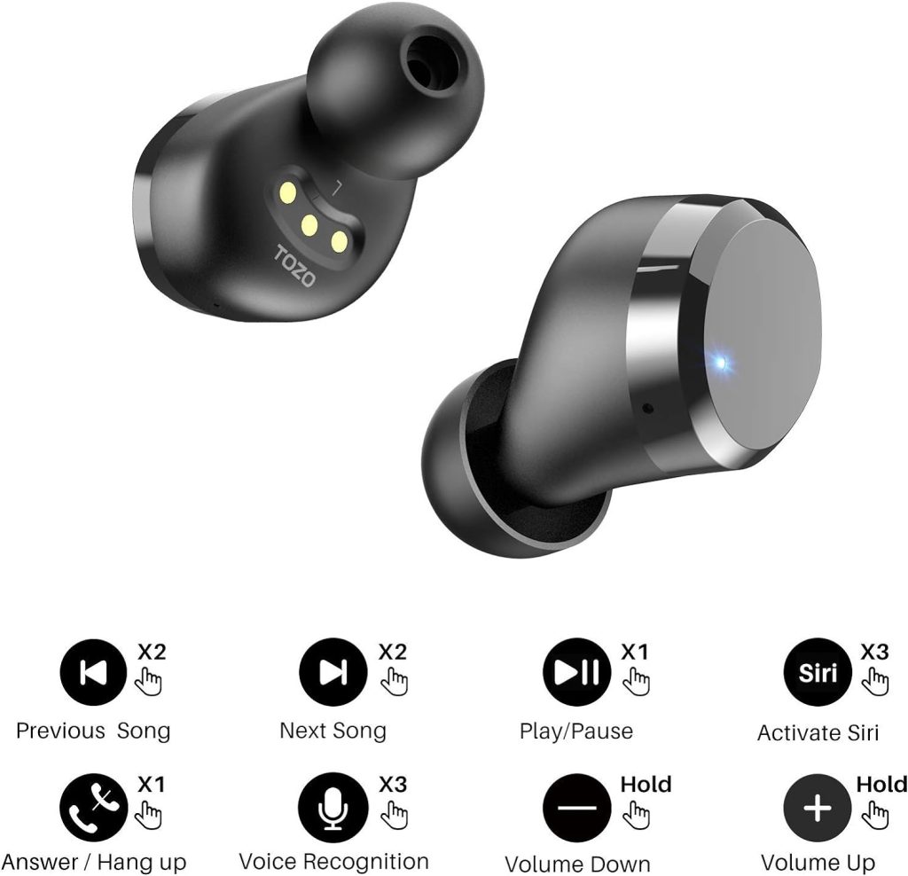 TOZO T12 2022 Wireless Earbuds Bluetooth 5.3 Headphones Premium Sound Performance Touch Control LED Digital Display Wireless Charging Case Earphones Dark Black